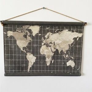Vintage World Map Wall Hanging - gray and Cream 20 x 29“